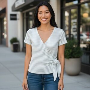 Copper Key V-Neck Short Sleeve Rib Knit Front Tie Green and White Striped Top